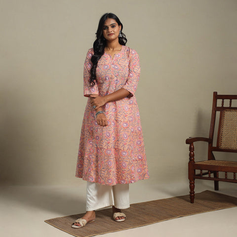 Peach Block Print Cotton A-Line Sanganeri Kurta