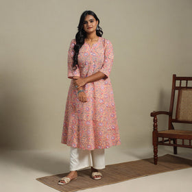 Peach Block Print Cotton A-Line Sanganeri Kurta
