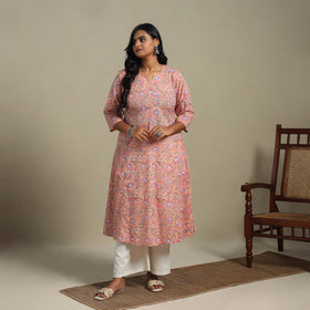 Peach Block Print Cotton A-Line Sanganeri Kurta
