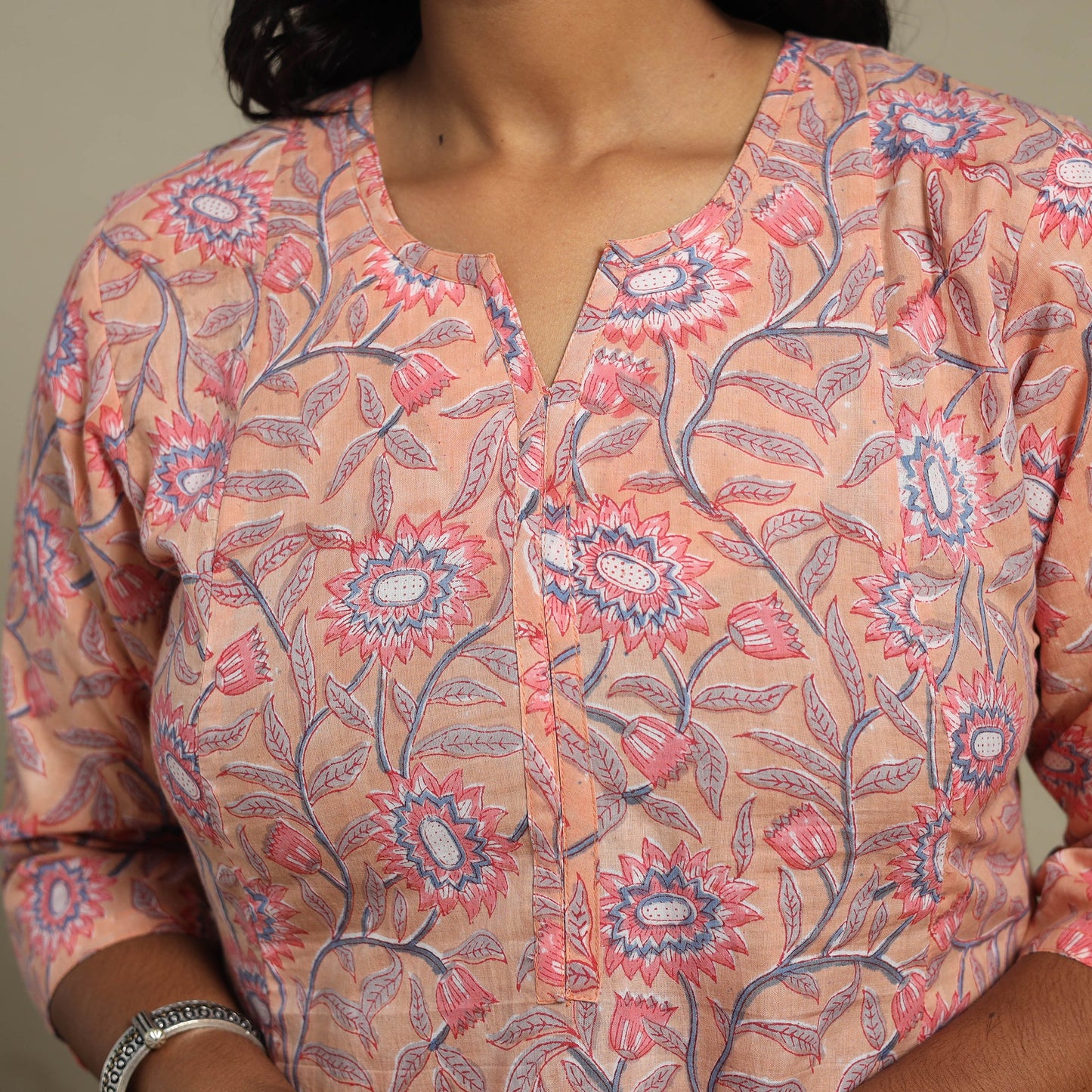 Peach Block Print Cotton A-Line Sanganeri Kurta