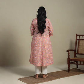 Peach Block Print Cotton A-Line Sanganeri Kurta