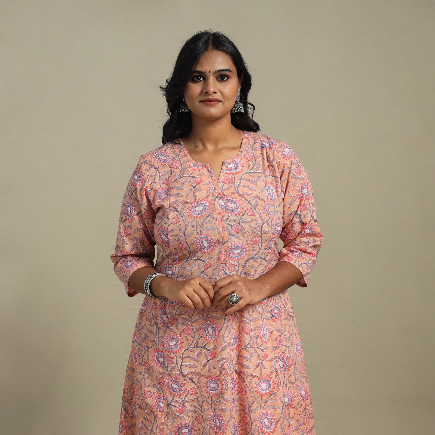 Peach Block Print Cotton A-Line Sanganeri Kurta