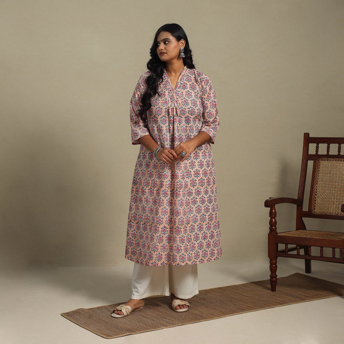 Peach Block Print Cotton A-Line Sanganeri Kurta
