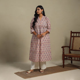 Peach Block Print Cotton A-Line Sanganeri Kurta