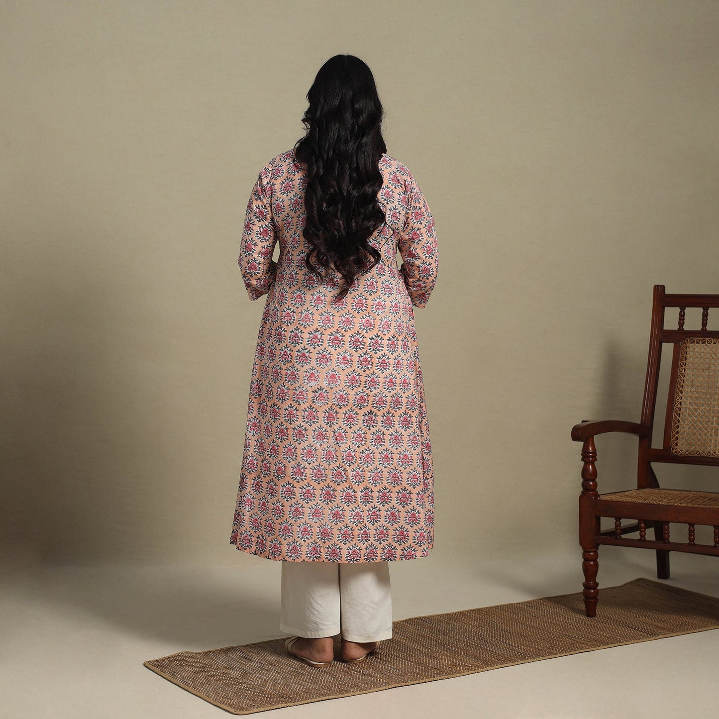 Peach Block Print Cotton A-Line Sanganeri Kurta