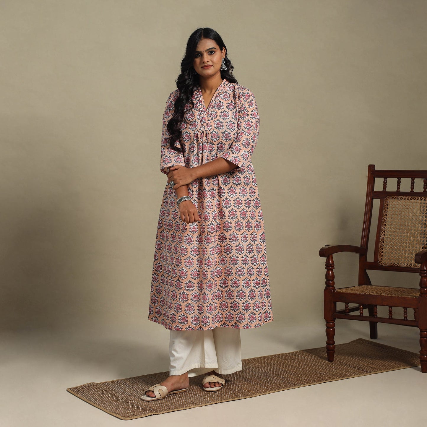 Peach Block Print Cotton A-Line Sanganeri Kurta