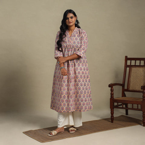 Peach Block Print Cotton A-Line Sanganeri Kurta