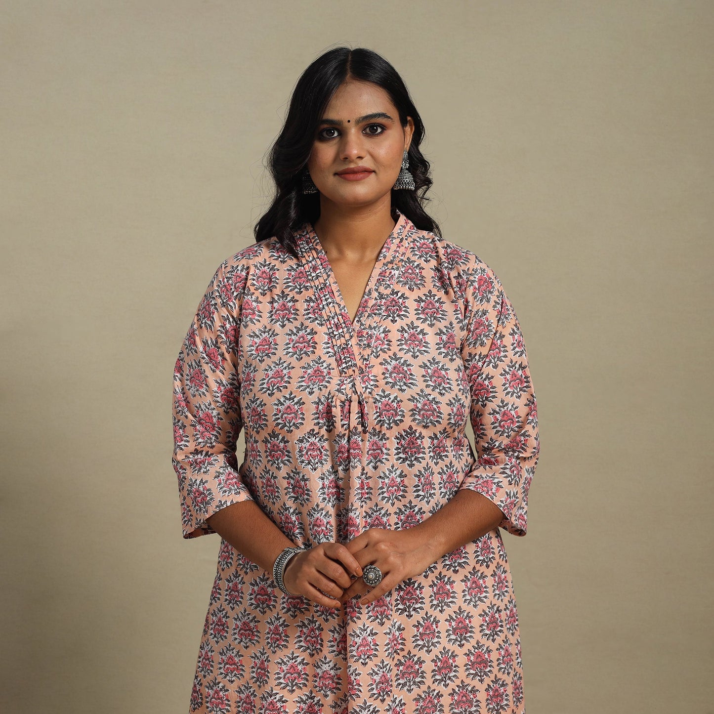 Peach Block Print Cotton A-Line Sanganeri Kurta
