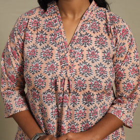 Peach Block Print Cotton A-Line Sanganeri Kurta
