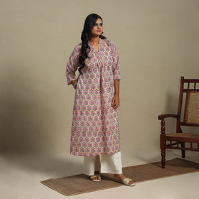 Peach Block Print Cotton A-Line Sanganeri Kurta