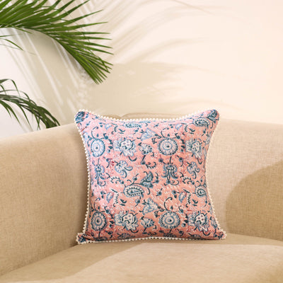 Peach Block Print Cotton Sanganeri Cushion Cover