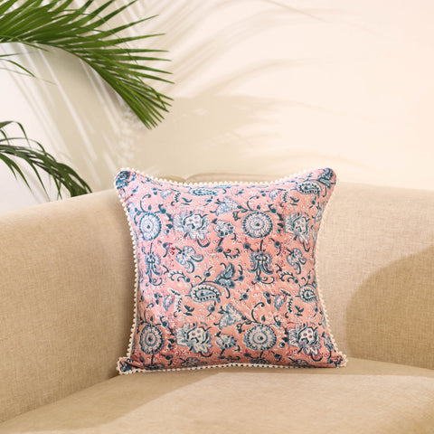 Peach Block Print Cotton Sanganeri Cushion Cover