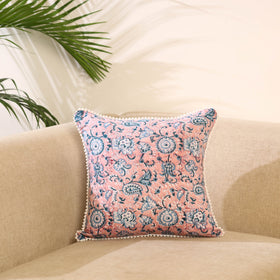 Peach Block Print Cotton Sanganeri Cushion Cover
