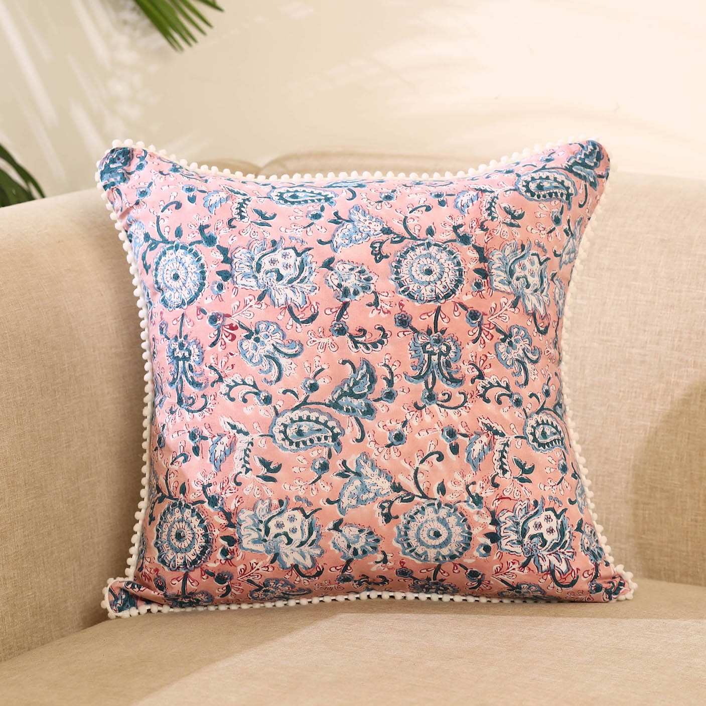 Peach Block Print Cotton Sanganeri Cushion Cover