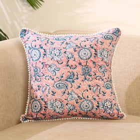 Peach Block Print Cotton Sanganeri Cushion Cover