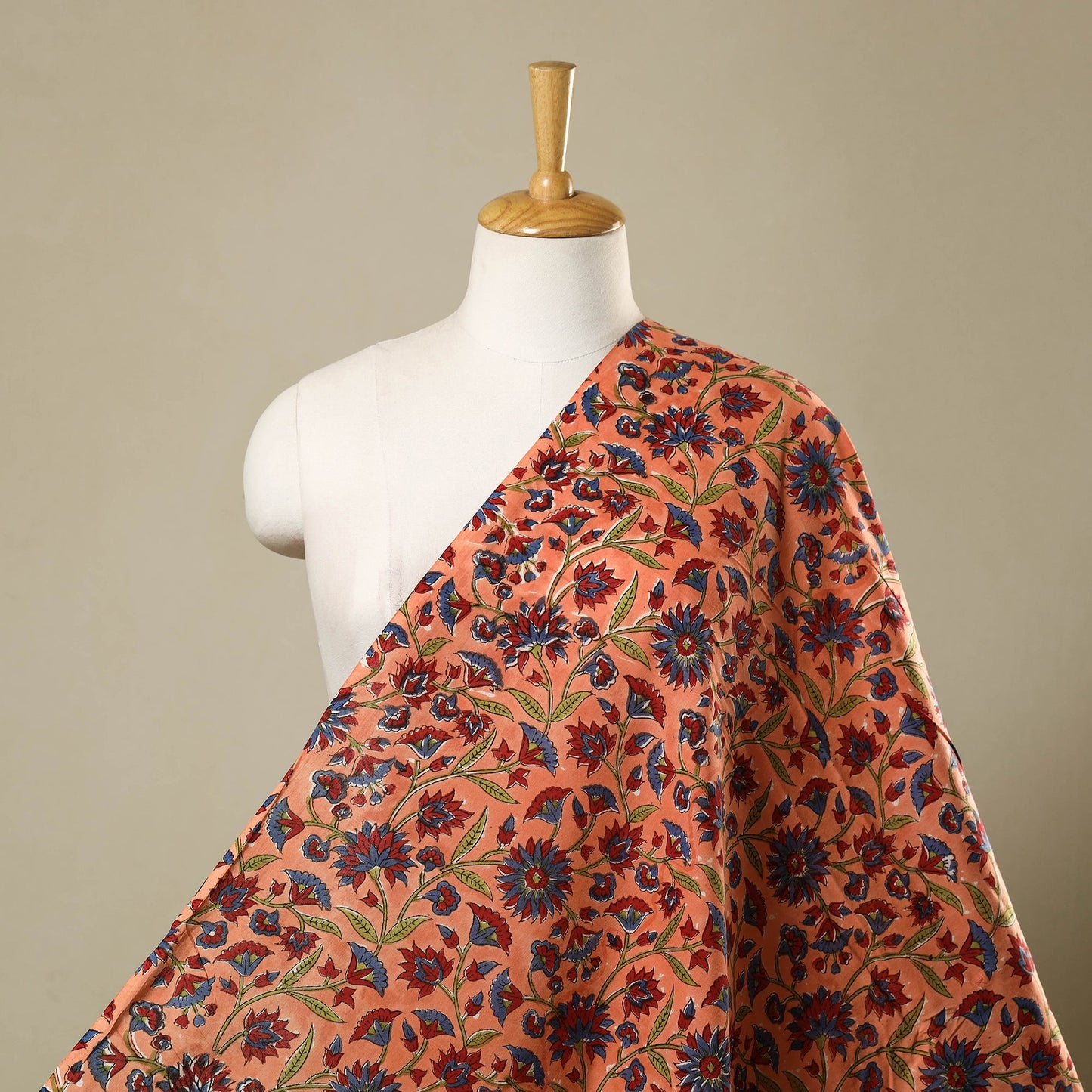 Buy Peach Block Print Cotton Sanganeri Fabric