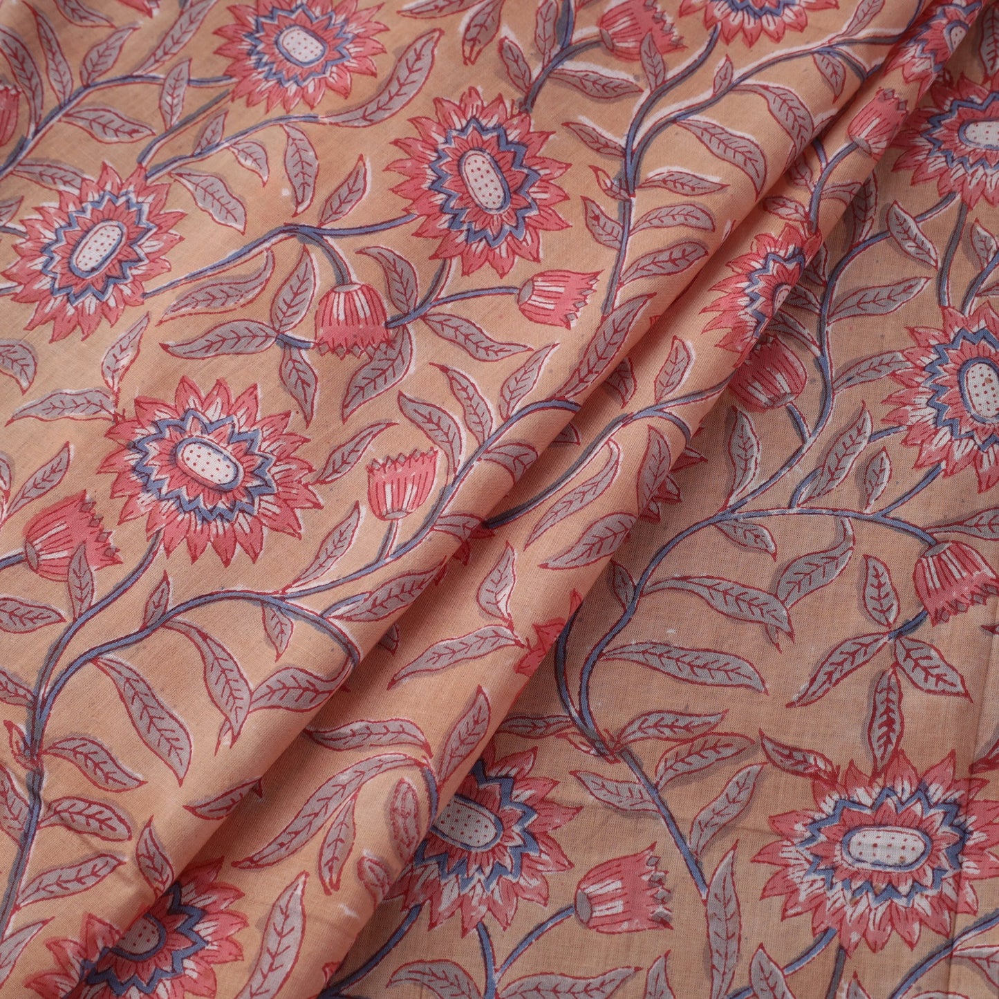 Peach Block Print Cotton Sanganeri Fabric