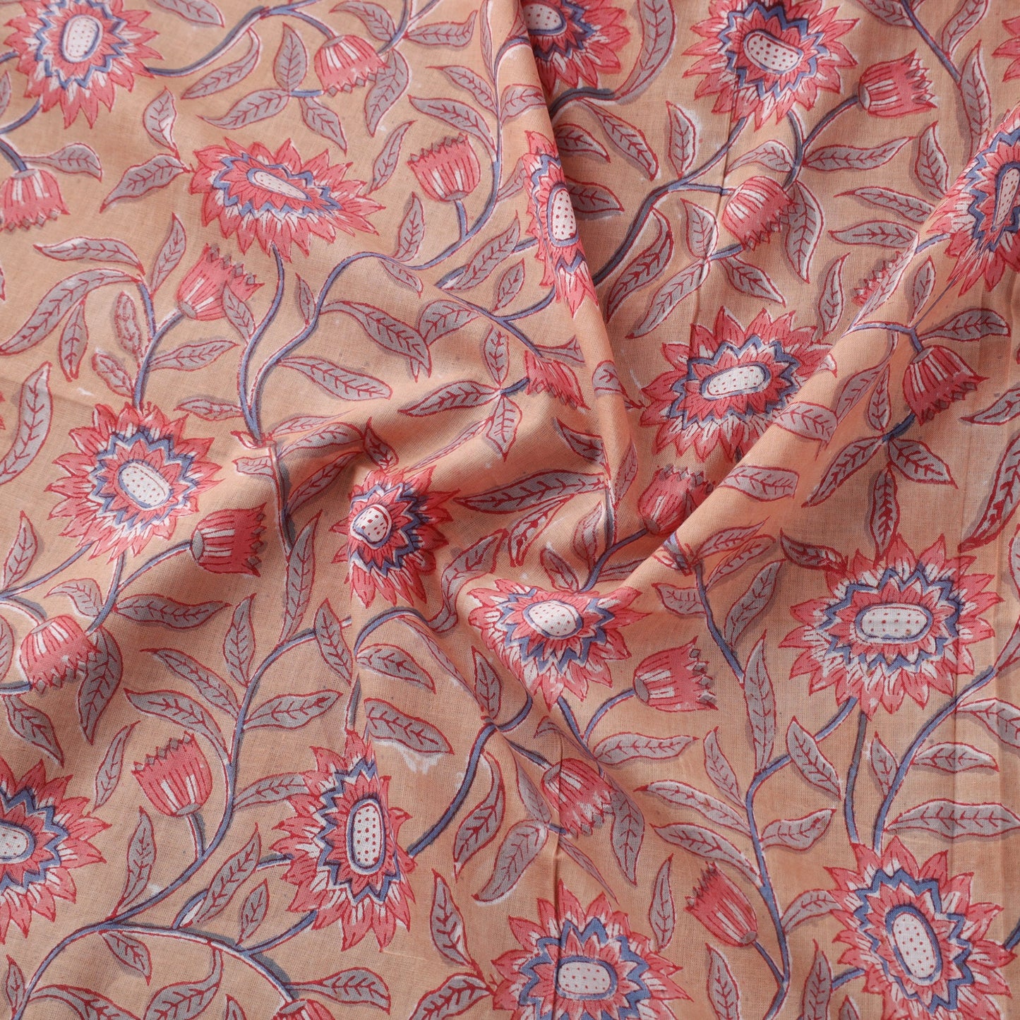 Peach Block Print Cotton Sanganeri Fabric