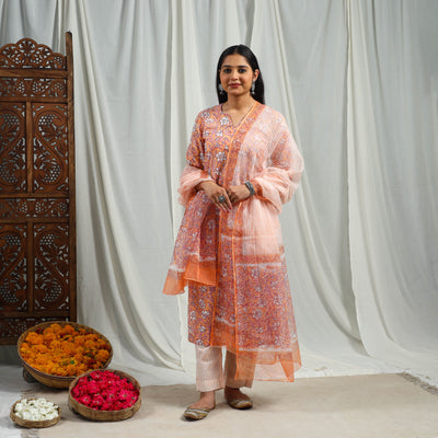 Buy Block Print Cotton Sanganeri Kurta Set