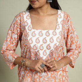  Peach Block Print Cotton Sanganeri Kurta Set