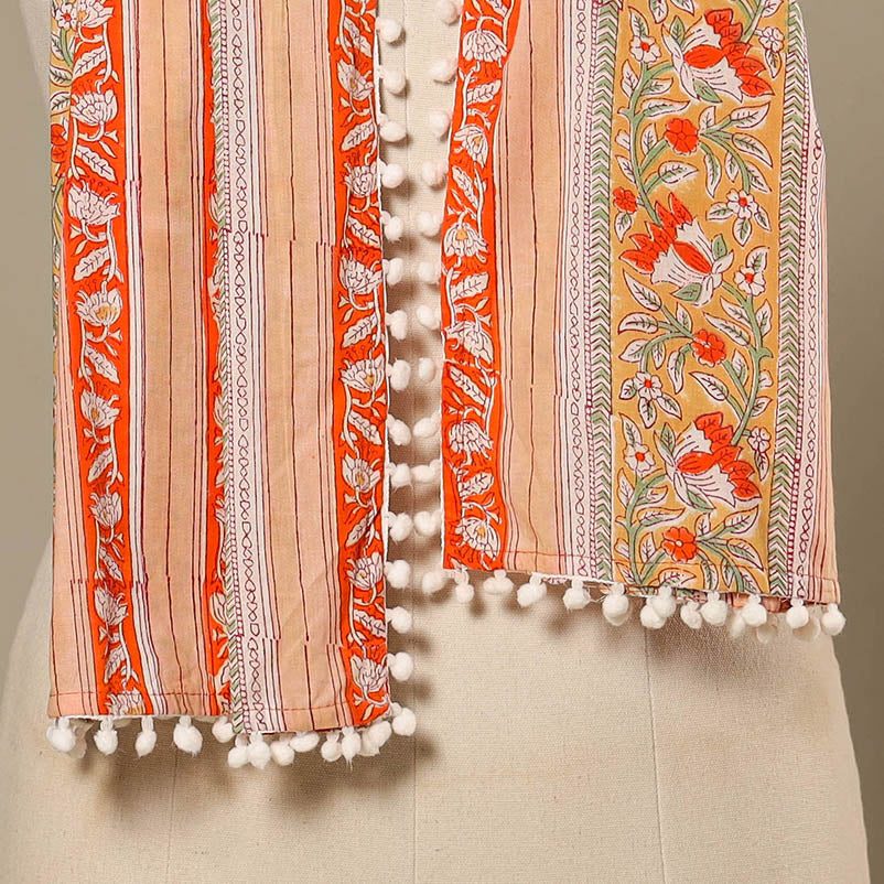 Peach Block Print Cotton Sanganeri Stole with Pom Pom