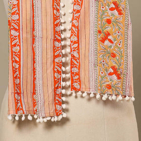 Peach Block Print Cotton Sanganeri Stole with Pom Pom
