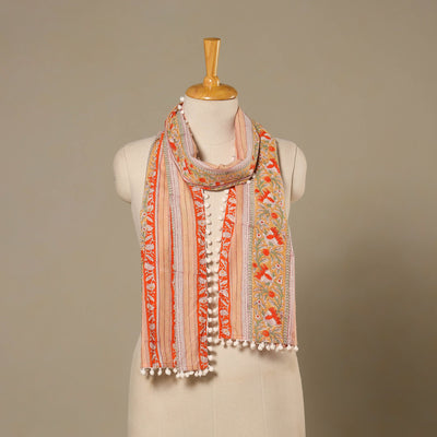 Peach Block Print Cotton Sanganeri Stole with Pom Pom