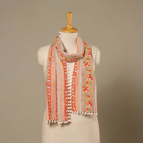 Peach Block Print Cotton Sanganeri Stole with Pom Pom