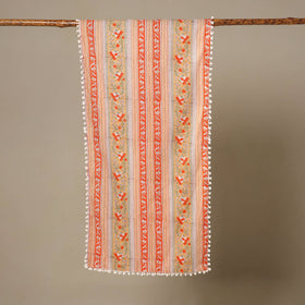 Peach Block Print Cotton Sanganeri Stole with Pom Pom