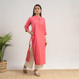  Peach Cotton Straight Jacquard Kurta for Women