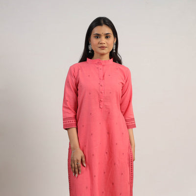  Peach Cotton Straight Jacquard Kurta for Women