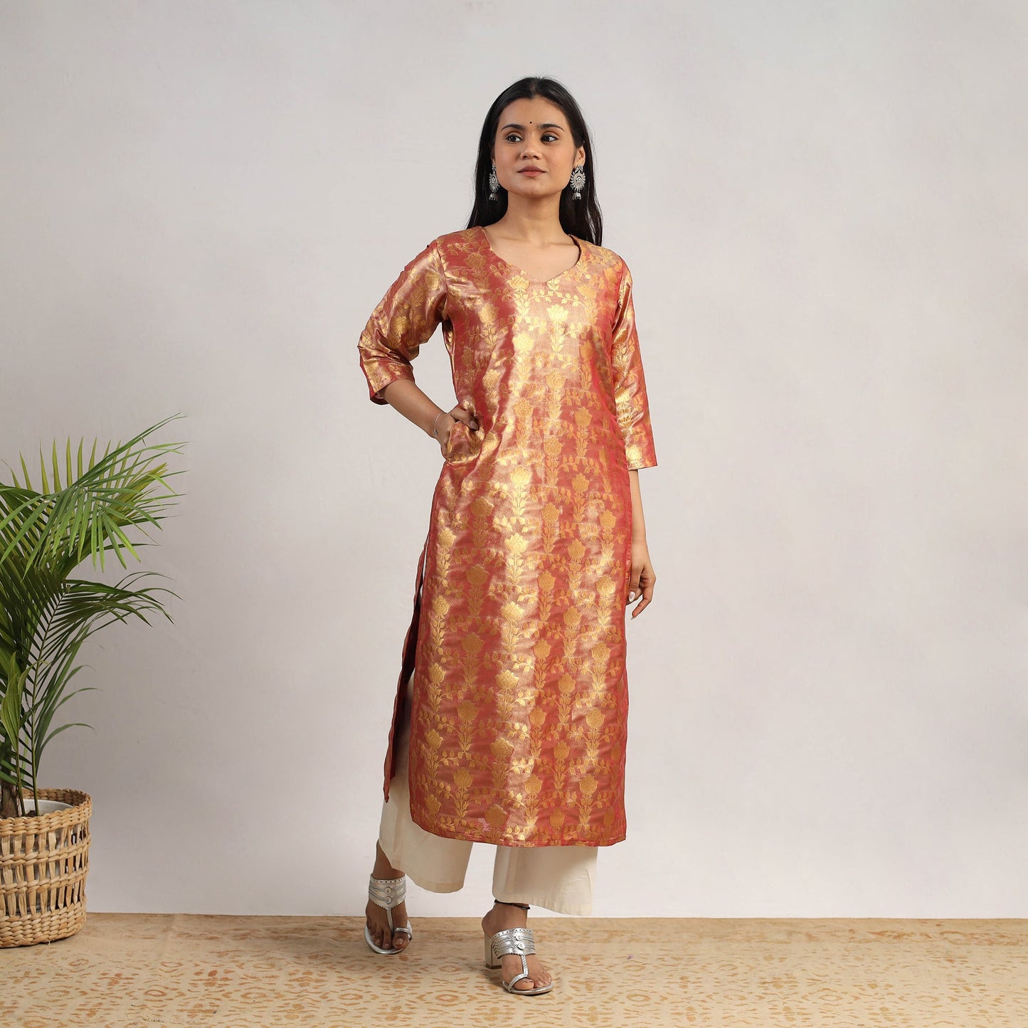 Red Cutwork Tissue Zari Jaal Banarasi Silk Kurta for Women