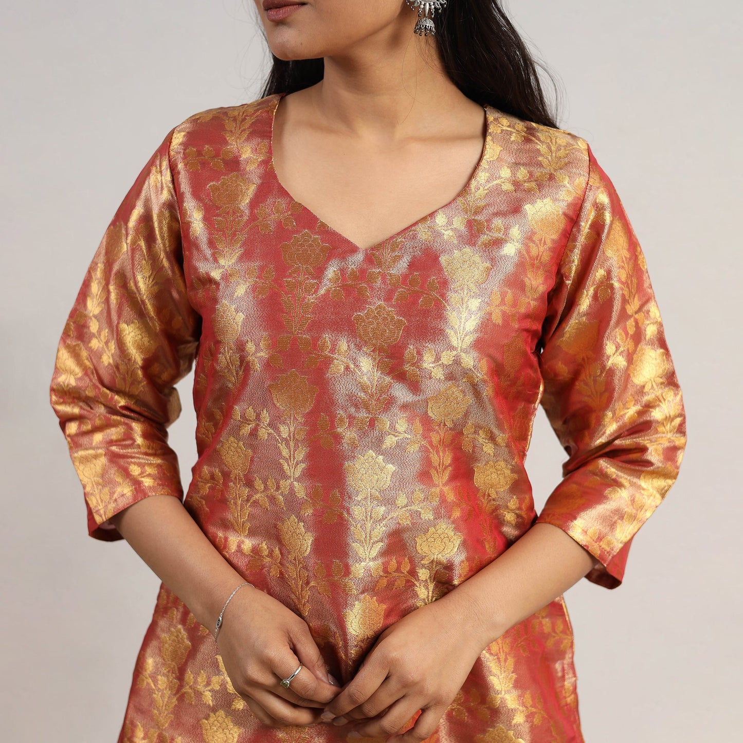 Red Cutwork Tissue Zari Jaal Banarasi Silk Kurta for Women