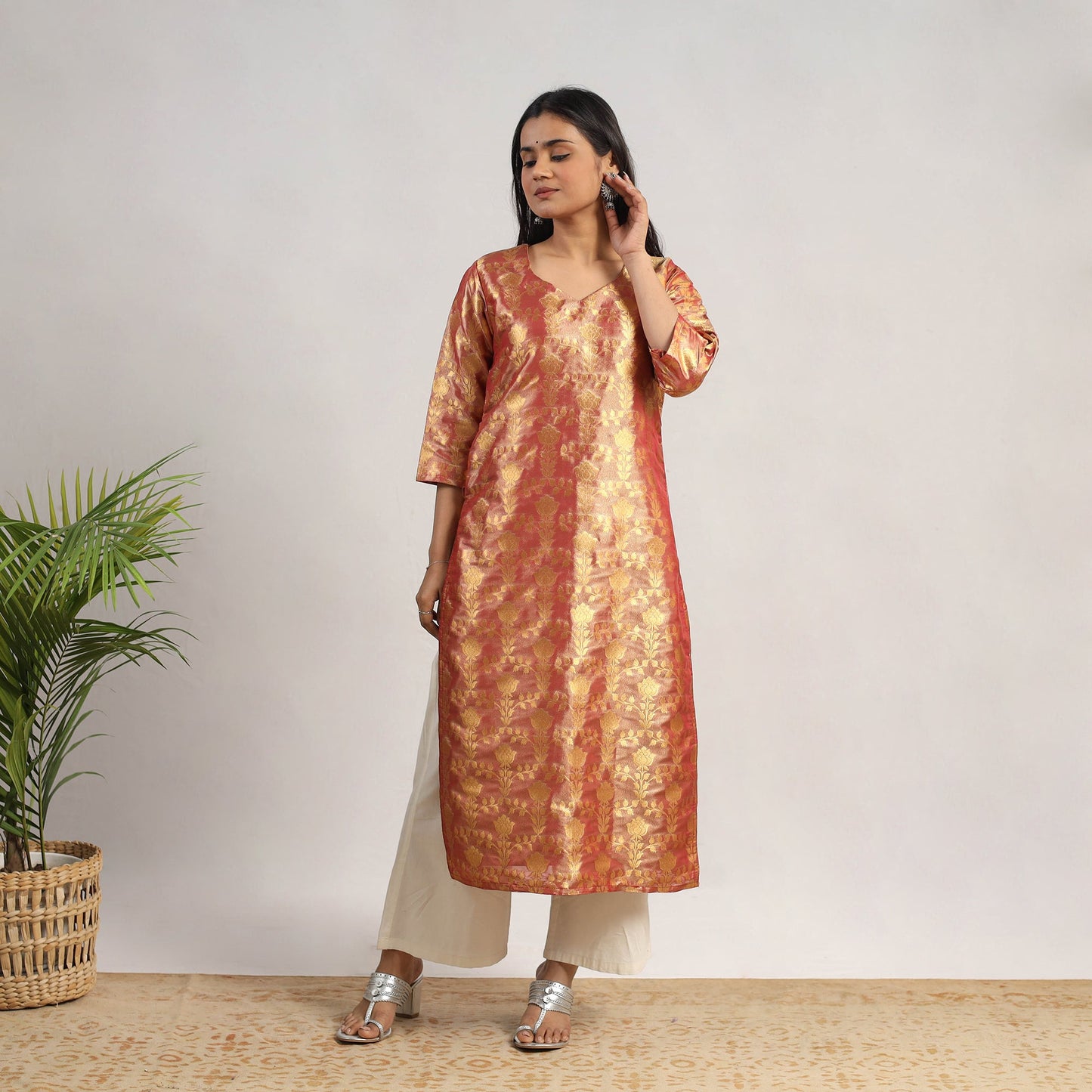 Red Cutwork Tissue Zari Jaal Banarasi Silk Kurta for Women