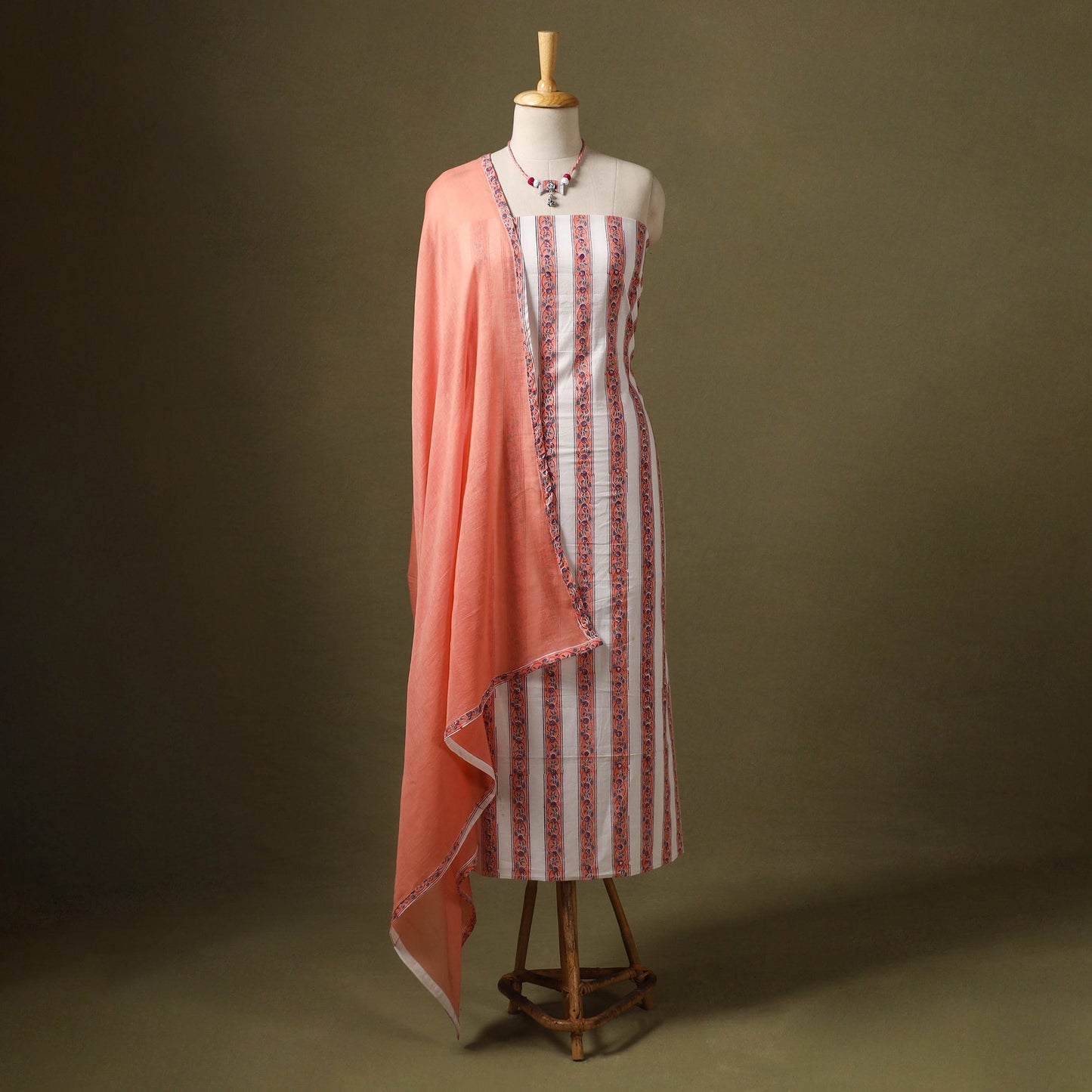 Peach Designer! Block Print Cotton Dress Material with Jewellery Set 