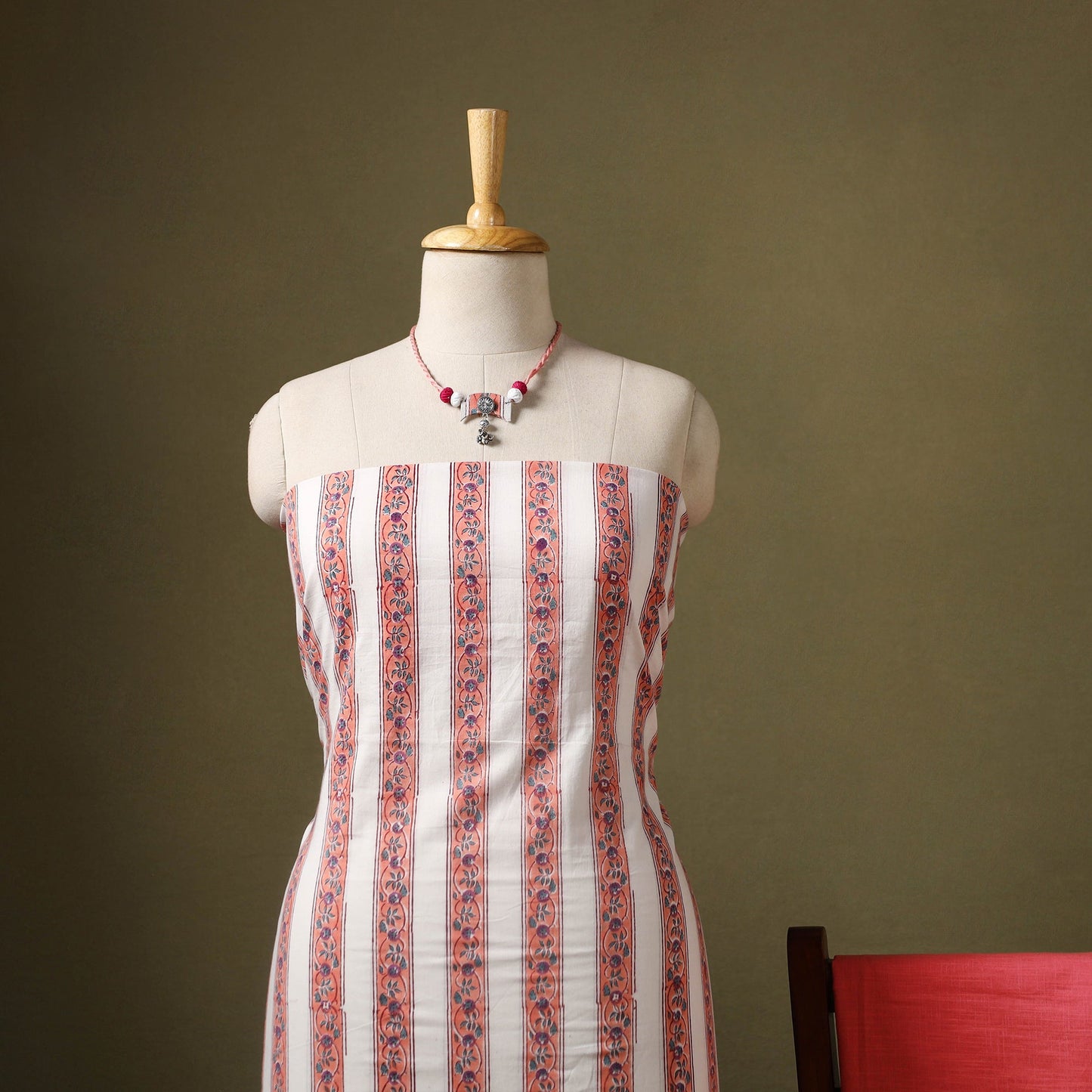 Peach Designer! Block Print Cotton Dress Material with Jewellery Set 