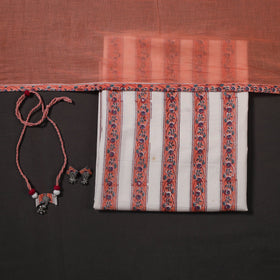 Peach Designer! Block Print Cotton Dress Material with Jewellery Set 
