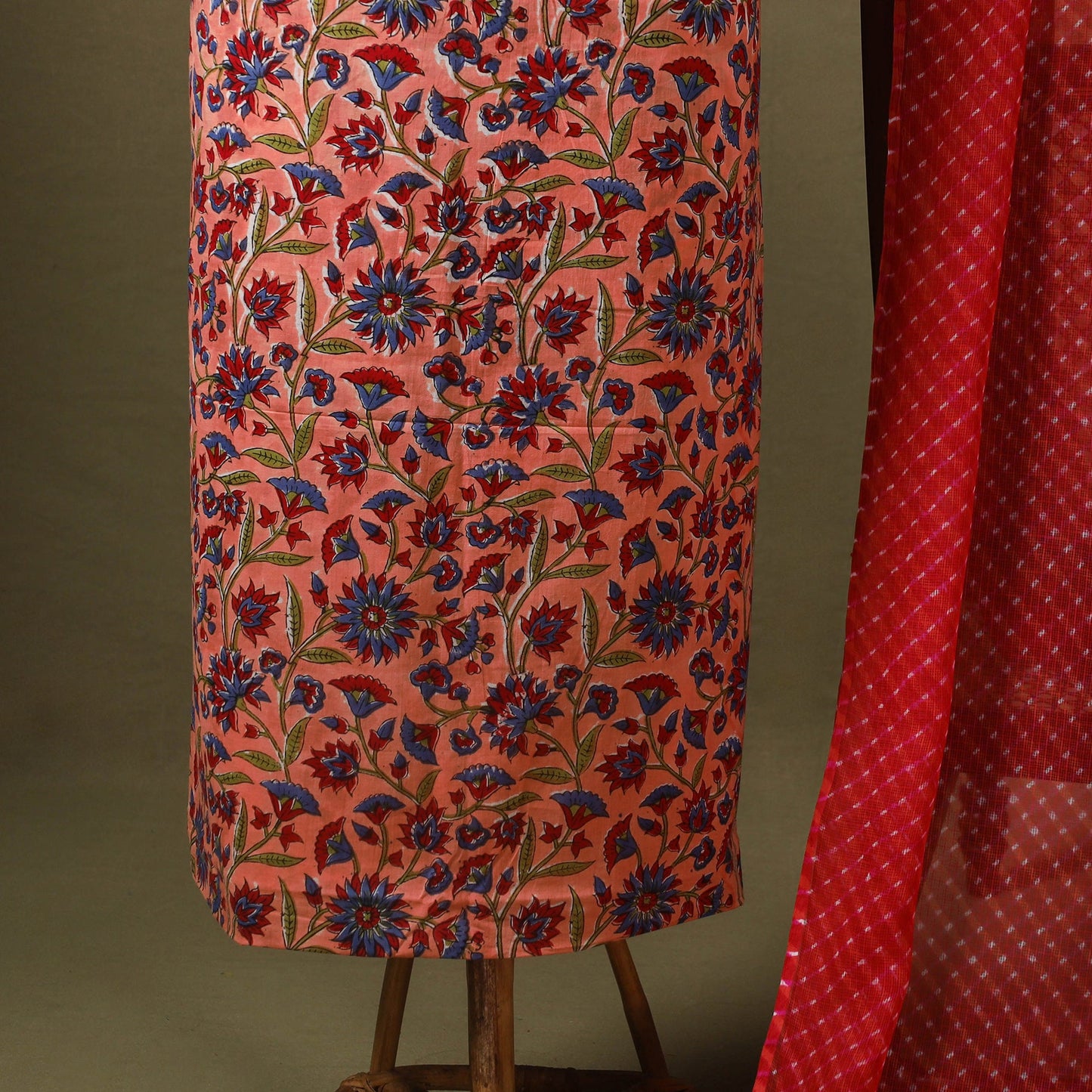 Peach Designer! Block Print Cotton Dress Material with Jewellery Set