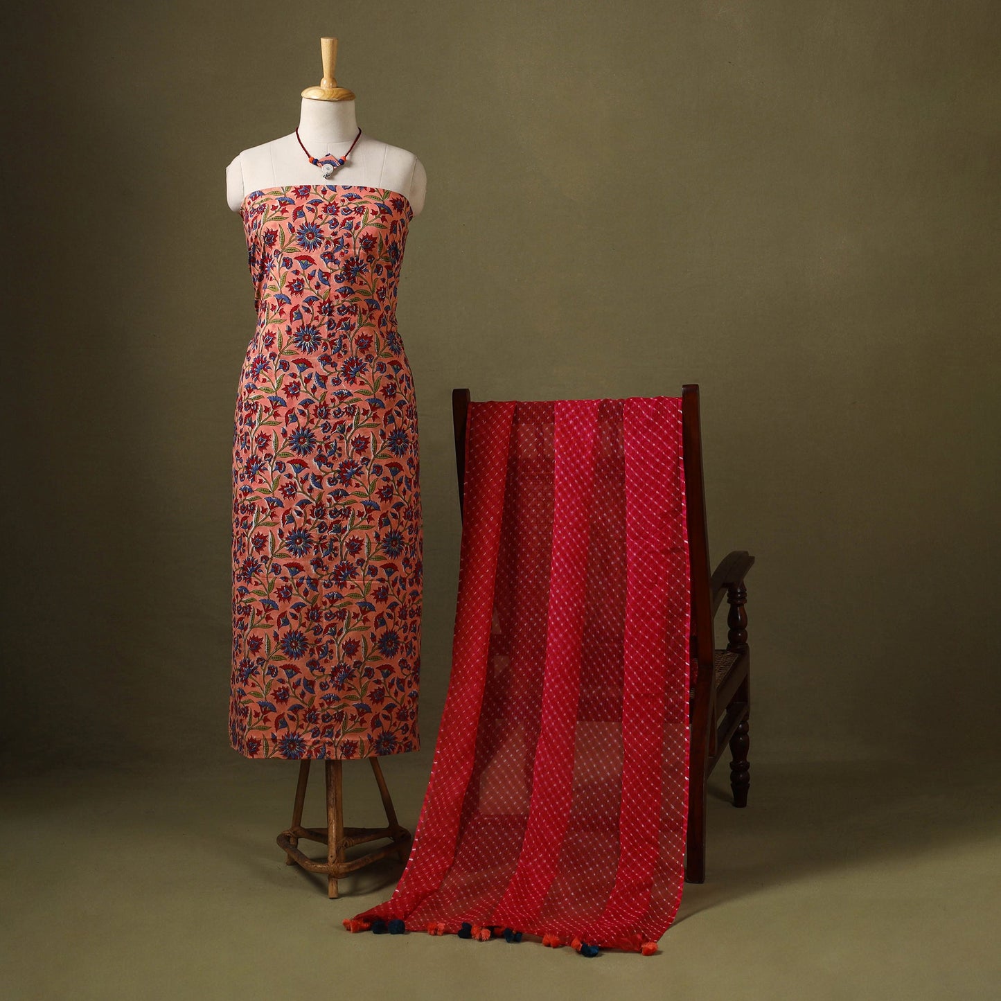 Peach Designer! Block Print Cotton Dress Material with Jewellery Set