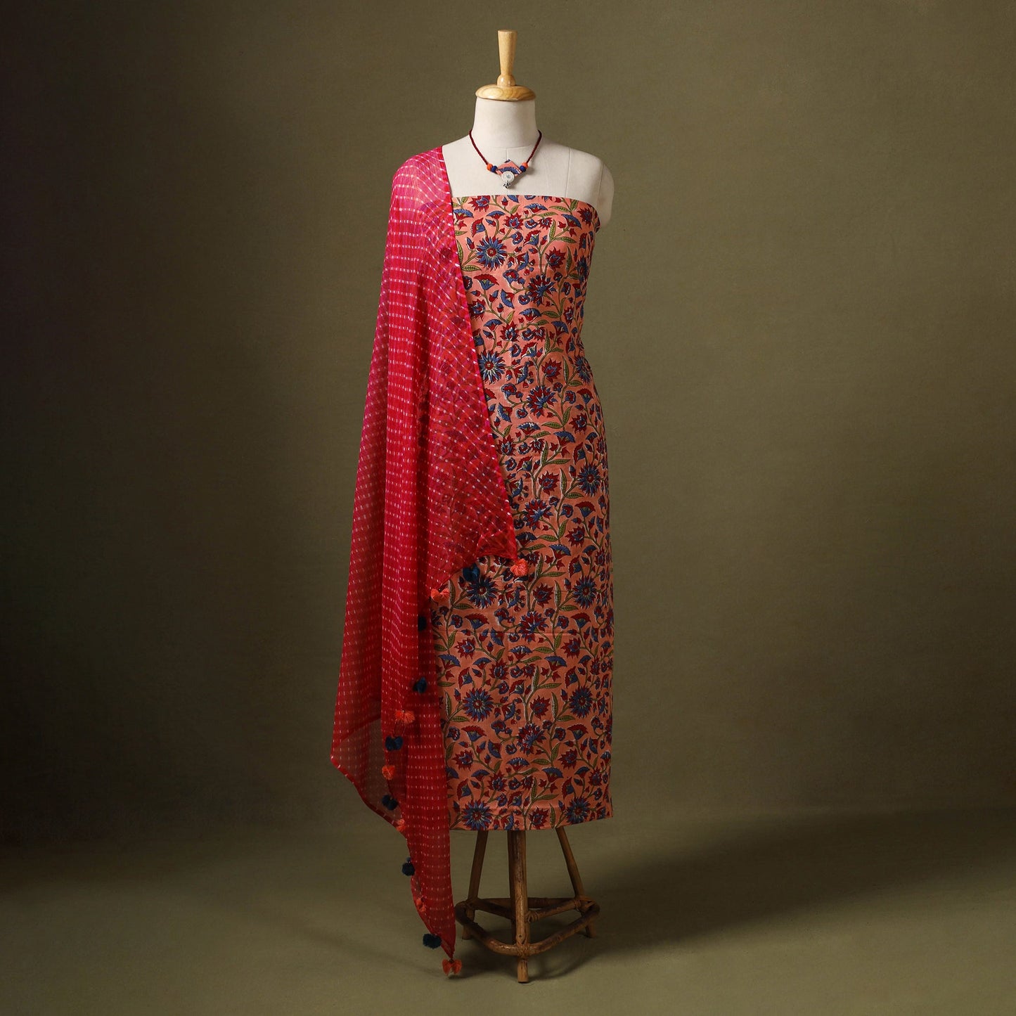 Peach Designer! Block Print Cotton Dress Material with Jewellery Set