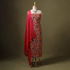 Peach Designer! Block Print Cotton Dress Material with Jewellery Set