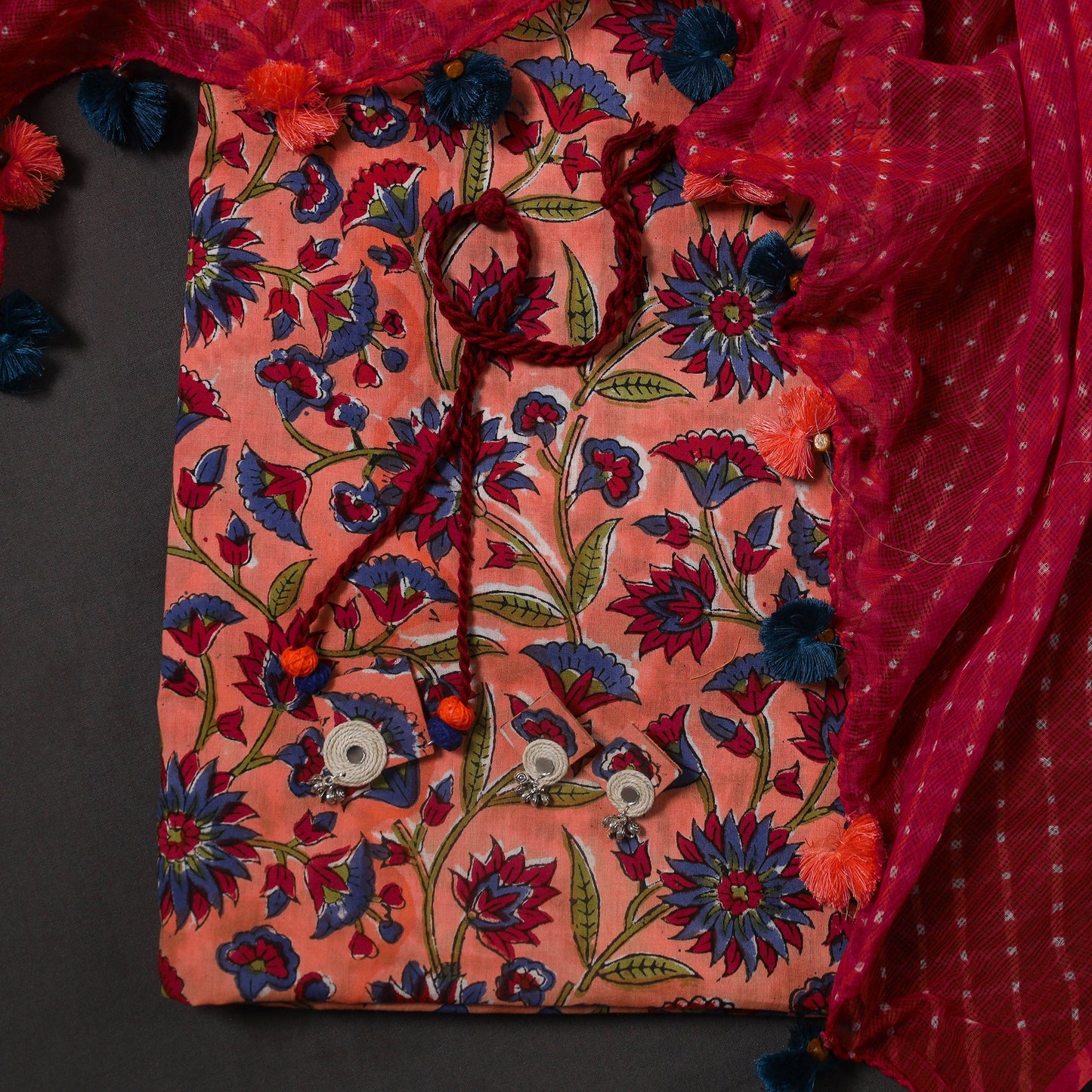 Peach Designer! Block Print Cotton Dress Material with Jewellery Set