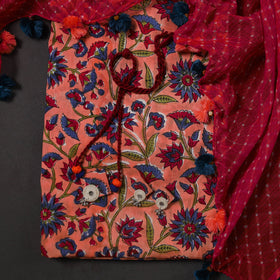 Peach Designer! Block Print Cotton Dress Material with Jewellery Set
