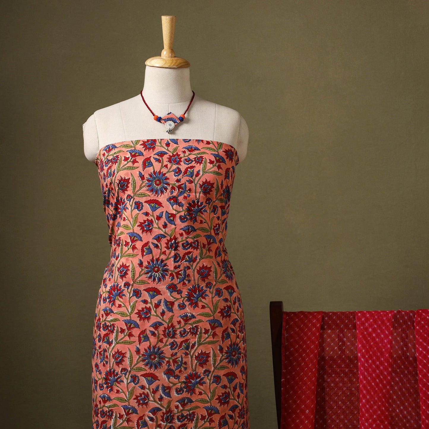 Peach Designer! Block Print Cotton Dress Material with Jewellery Set
