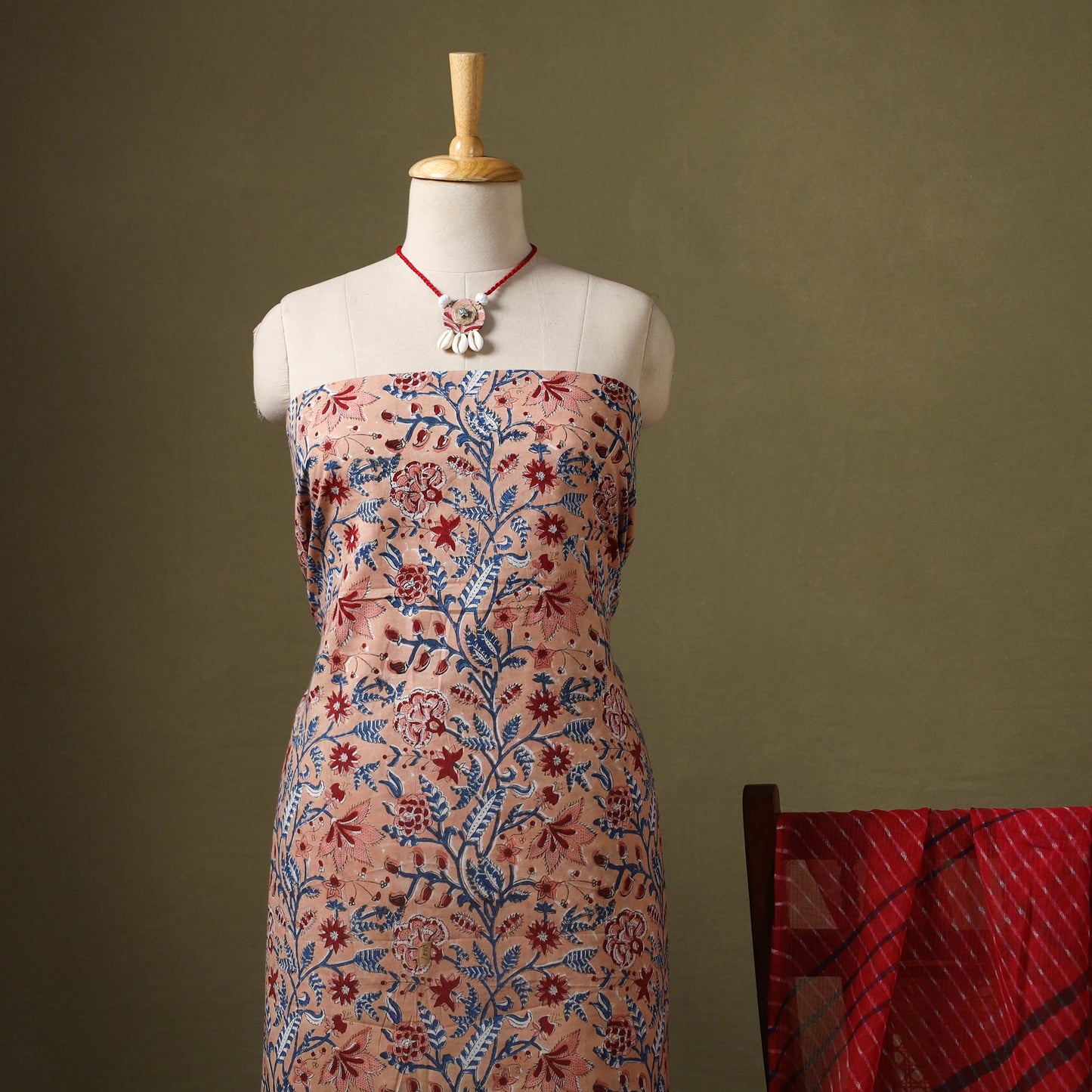 Peach Designer! Block Print Cotton Dress Material with Jewellery Set