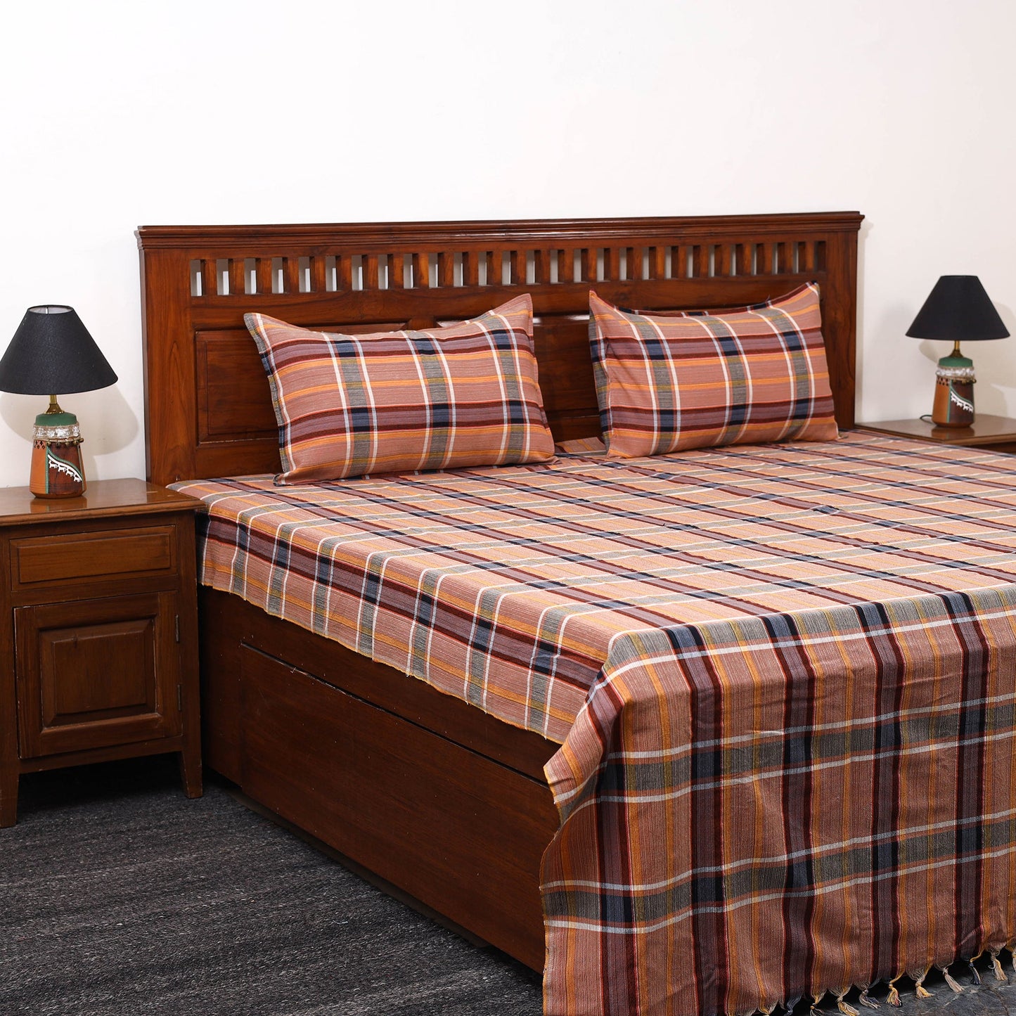 Peach Double Handloom Cotton Bed Sheet Set 