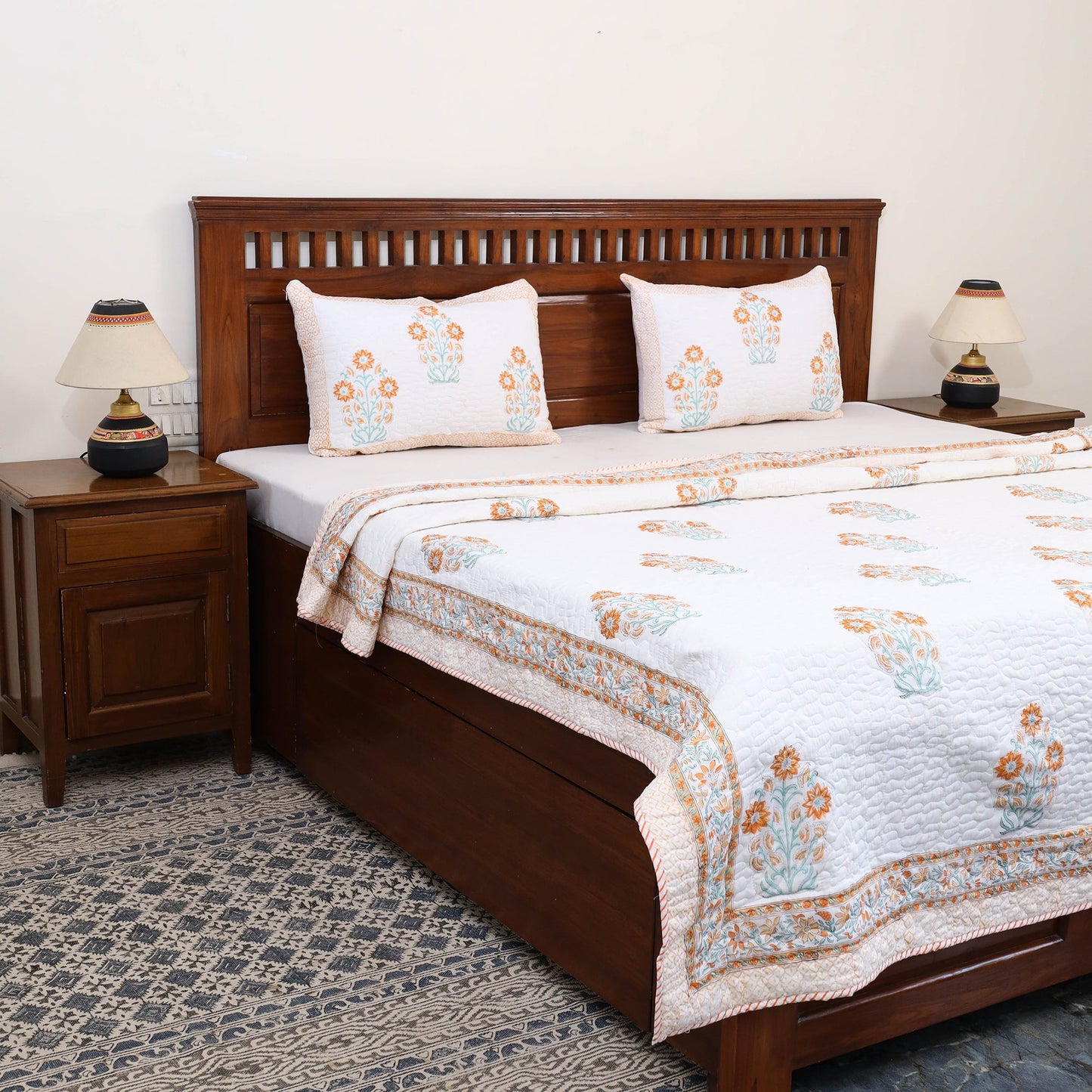 Double - Reversible Sanganeri Block Print Cotton Quilt Set