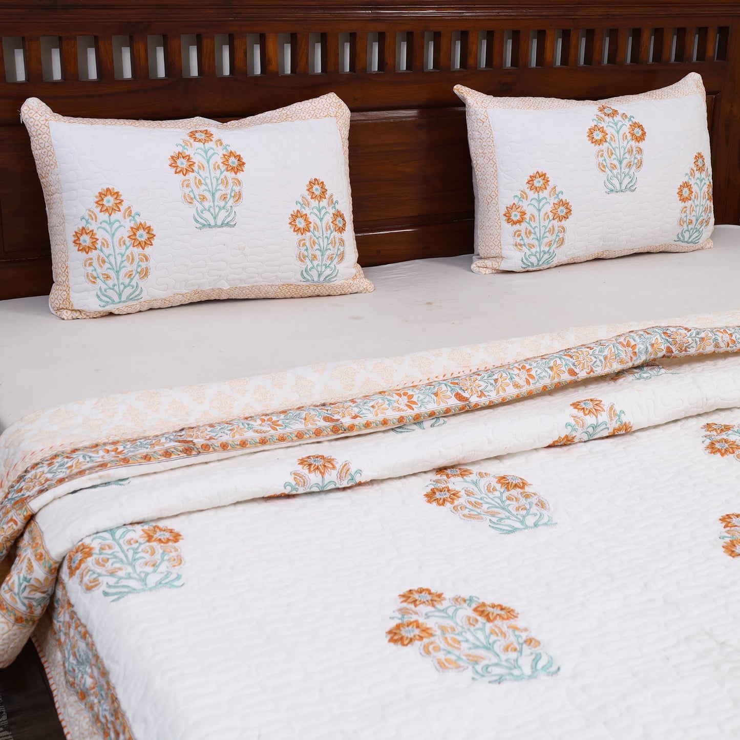 Double - Reversible Sanganeri Block Print Cotton Quilt Set