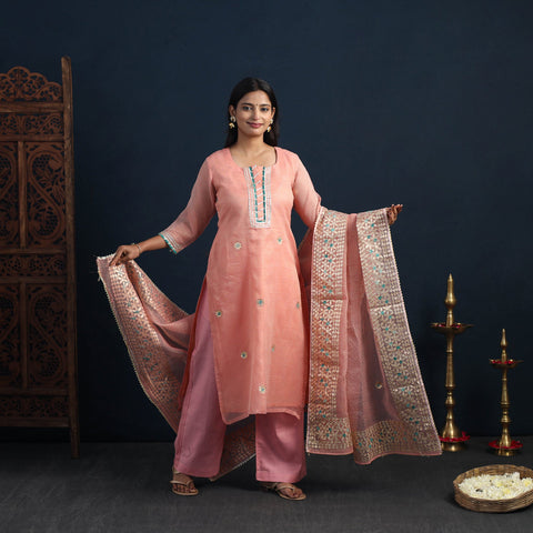 Peach - Elegant Gota Work Silk Kota Doria Kurta Set 06