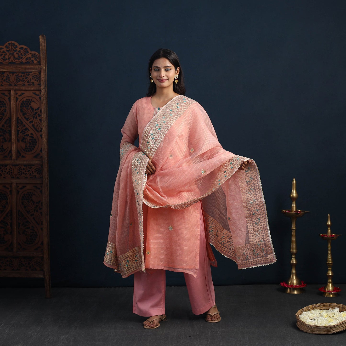 Peach - Elegant Gota Work Silk Kota Doria Kurta Set 06